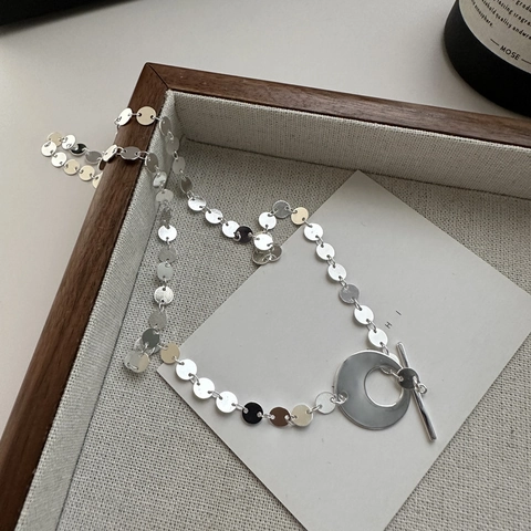 S925 Sterling Silver Minimalist Disc Chain Necklace For Women Korean Ins Style Round Sequins OT Clasp Collarbone Chain Jewelry