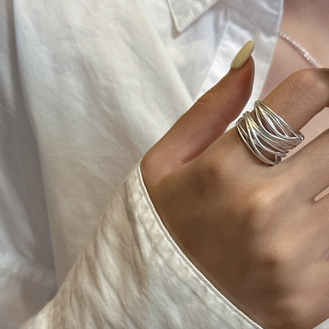 Anello Aperto Minimalista in Argento Sterling S925 per Donna Stile Giapponese Ins Opaco Fascia Larga Linee Avvolte Anello Regolabile Gioielli alla Moda