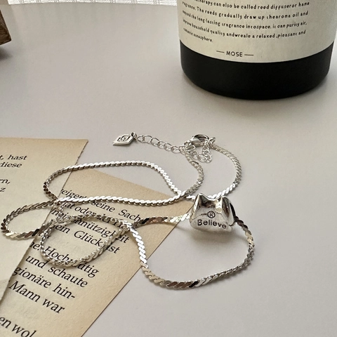 925 Sterling Silver Necklace For Women Believe Letter Cat Silhouette Pendant Korean Style Polished Curb Chain Jewelry Gift