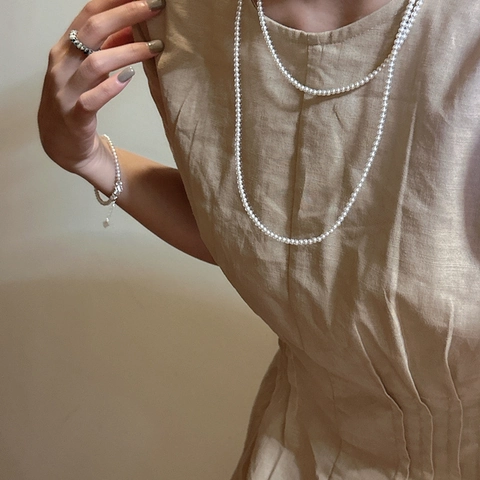 Collar de Plata de Ley 925 con Perla Artificial para Mujer Estilo Minimalista Coreano Ins Cadena Larga en Capas Joyería Fina Regalo