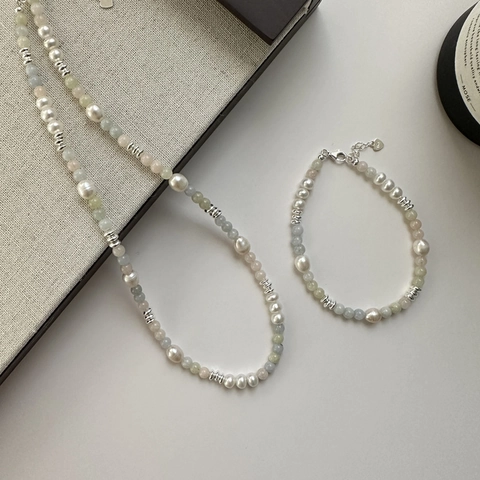Collana e Bracciale in Argento Sterling 925 Moda Coreana Perle d'Acqua Dolce Pietra Naturale Mix Colorato Gioielli da Donna