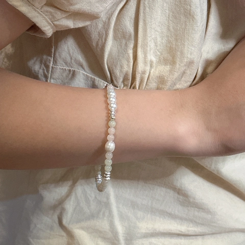 Collana e Bracciale in Argento Sterling 925 Moda Coreana Perle d'Acqua Dolce Pietra Naturale Mix Colorato Gioielli da Donna