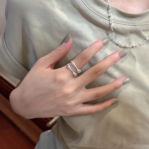 S925 Sterling Silver Double Layer Ring For Women Minimalist Geometric Open Adjustable Fluid Finger Ring Fashion Jewelry Accessory