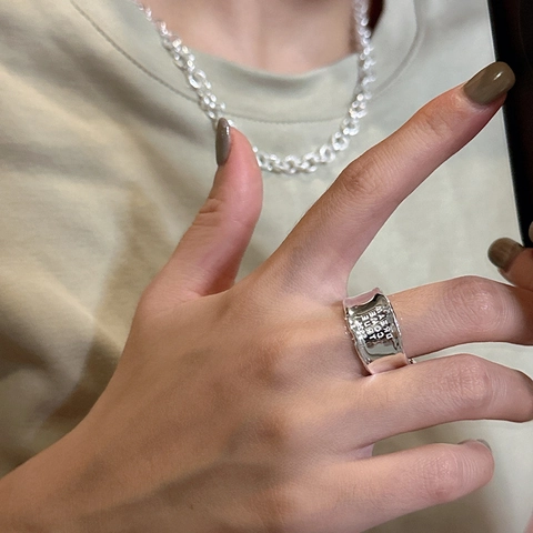 Anillo de Banda Ancha de Plata de Ley S925 para Mujer Grabado Dream Come True Martillado Anillo Abierto Ajustable Joyería