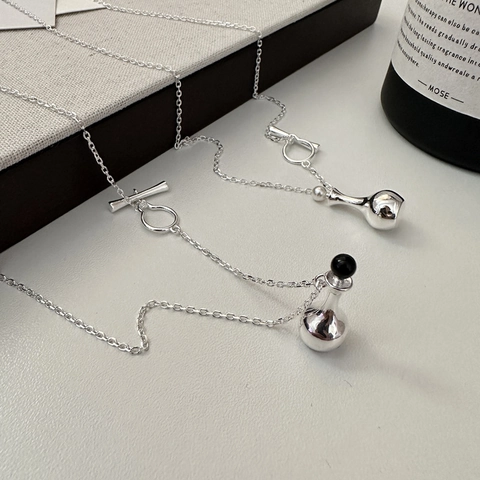 Collana con Pendente a Forma di Bottiglia di Profumo in Argento Sterling S925 per Donna Gioielli Minimalisti Retro con Chiusura OT Perla Artificiale Agata Nera