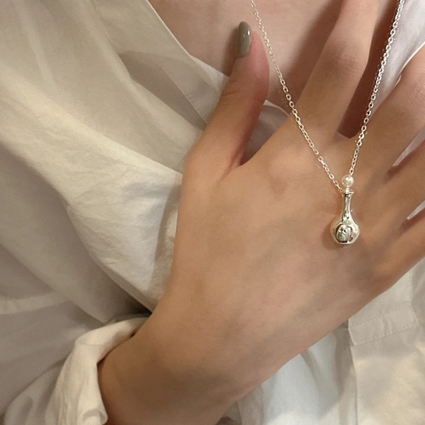 Collana con Pendente a Forma di Bottiglia di Profumo in Argento Sterling S925 per Donna Gioielli Minimalisti Retro con Chiusura OT Perla Artificiale Agata Nera