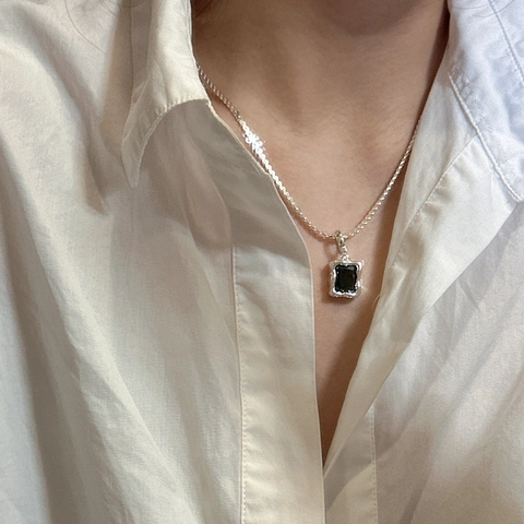 925 Sterling Silver Necklace Minimalist Square Black Rhinestone Pendant Vintage Industrial Style Neck Jewelry For Women
