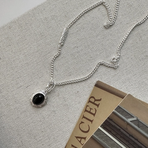 Vintage 925 Sterlingsilber Schwarzer Achat Halskette Für Damen Relief Blumen Oval Anhänger Kette Retro Minimalist Schmuck