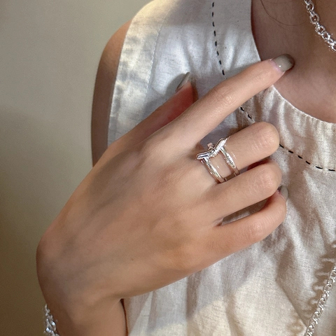 Koreanisch Minimalistisch 925 Sterlingsilber Doppelschicht Knoten Ring Damen Mode Poliert Geometrisch Verstellbar Schmuck Geschenk