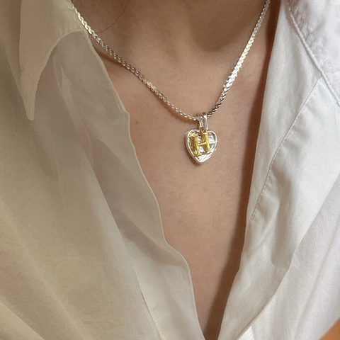 Collana con Pendente a Cuore in Argento Sterling 925 Con Lettera H Bicolore Oro Argento Donna Stile Coreano Gioielleria