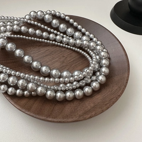 925 Sterling Silver Grey Artificial Pearl Necklace For Women Minimalist Metallic Luster Beaded Choker Party Jewelry Gift