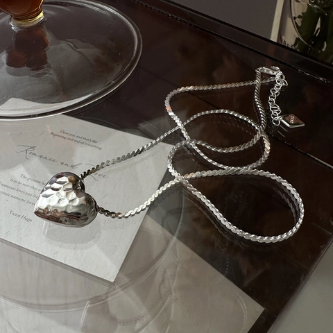 S925 Sterling Silver Hammered Heart Pendant Necklace For Women Minimalist Korean Style Vintage Texture Clavicle Chain Jewelry