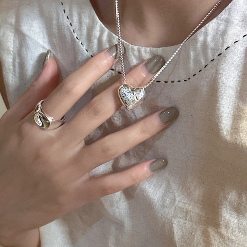 S925 Sterling Silver Hammered Heart Pendant Necklace For Women Minimalist Korean Style Vintage Texture Clavicle Chain Jewelry