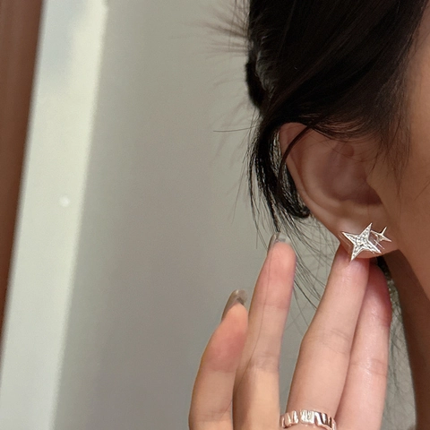 S925 Sterling Silver Star Earrings For Women Double Four Pointed Awn Star Rhinestone Minimalist Fashion Jewelry Ear Studs