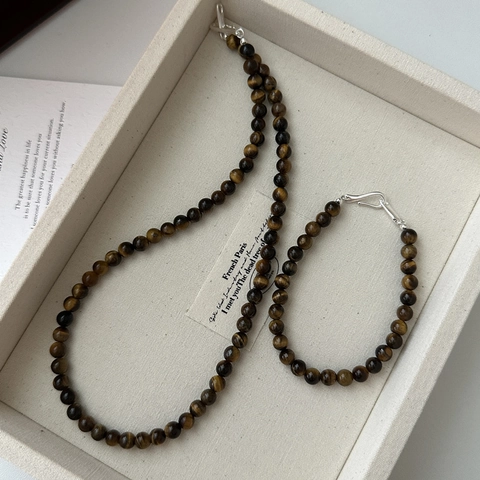 Collana di Perle di Occhio di Tigre in Argento Sterling 925 Bracciale Girocollo in Pietra Naturale Gioielli Retro Francese Donna