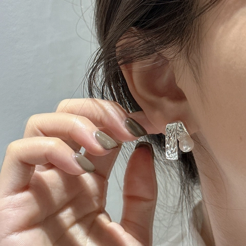 S925 Sterling Zilveren Geometrische Getextureerde Parel Oorknopjes Voor Vrouwen Koreaanse Stijl Minimalistische Sieraden