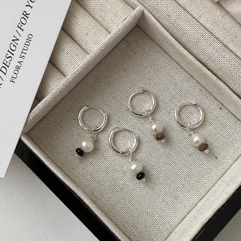 Orecchini a Cerchio in Argento Sterling 925 Con Perla Artificiale Filo Intrecciato a Mano Gioielli Minimalisti per Donna