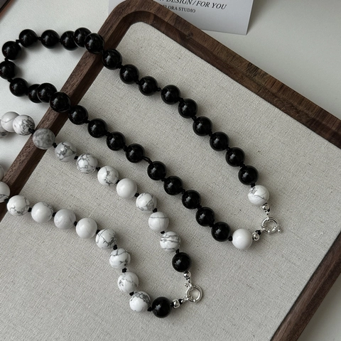 S925 Sterling Silver Beaded Necklace Minimalist Agate Turquoise Clavicle Chain For Women Retro Marble Pattern Beads Jewelry