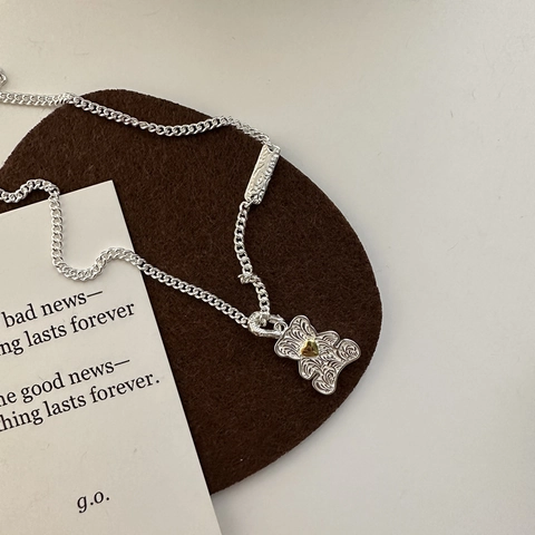 S925 Sterling Zilver Beer Hanger Ketting Vintage Arabesk Textuur Contrast Hart Detail Koreaanse Mode Sieraden Voor Dames