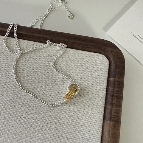Collana con Pendente a Doppio Cerchio Intrecciato in Argento Sterling 925 Stile Coreano Contrasto Oro Argento per Donna