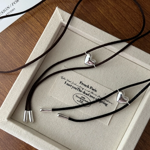S925 Sterlingsilber Herzanhänger Kordelkette Für Damen Französisch Retro Minimalistisch Verstellbare Knotenseilschmuck