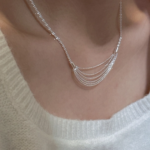 925 Sterling Silver Layered Tassel Necklace For Women Shimmering Multi Row Ball Chain Minimalist Clavicle Necklace Jewelry Gift