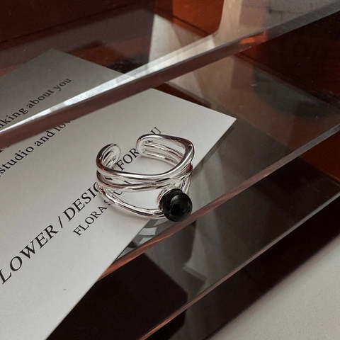 925 Sterlingsilber Schwarzer Onyx Mehrschichtige Überlappende Linie Offener Ring Für Damen Minimalistischer Geometrischer Verstellbarer Ring