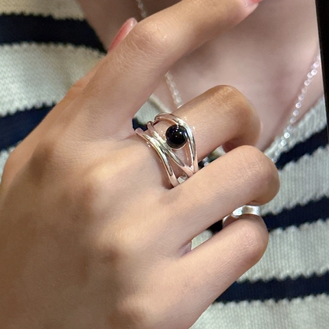 925 Sterlingsilber Schwarzer Onyx Mehrschichtige Überlappende Linie Offener Ring Für Damen Minimalistischer Geometrischer Verstellbarer Ring