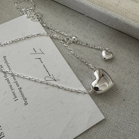 Collana Minimalista con Ciondolo a Cuore in Argento Sterling 925 Moda Coreana Doppio Cuore Catena Regolabile per Donna