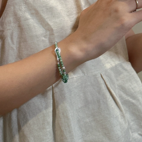 Bracciale Fatto a Mano in Argento Sterling 925 Con Perline Verdi per Donna Design Coreano di Nicchia Fibbia Geometrica Gioielli