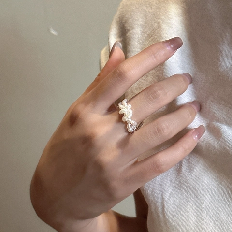 S925 Sterling Silver Irregular Lava Texture Double Layer Artificial Pearl Open Ring For Women Handmade Fashion Minimalist Jewelry Gift