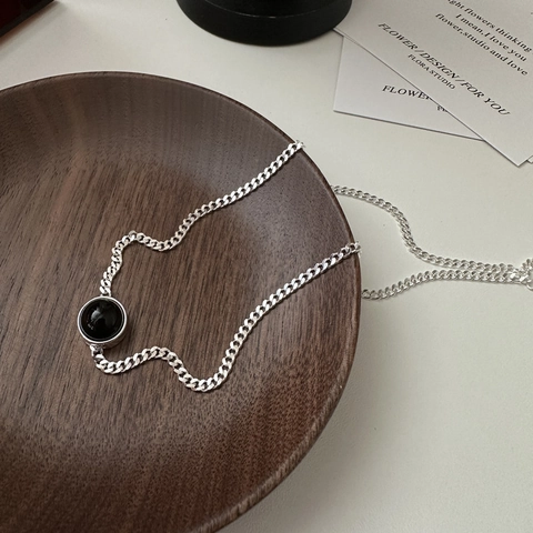 Collana in Argento Sterling 925 Agata Nera per Donna Pendente Rotondo Minimalista Lettera Dream Come True Gioielli Moda
