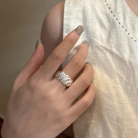 925 Sterling Silver Croissant Ring Vintage Minimalist Twisted Texture Open Adjustable Finger Ring For Women Fashion Jewelry