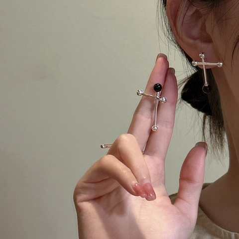 Orecchini a Bottone in Argento Sterling 925 con Sfera di Equilibrio in Onice Stile Coreano Geometrici Croce Gioielli Chic