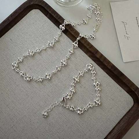 S925 Argento Sterling Minimalista Grappolo Sfere Collana Bracciale Set Gioielli per Donna Moda Coreana Catena Clavicola Lucidata Accessori