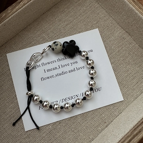 925 Sterling Silber Schweinenasen Glied Armband Für Damen Verstellbar Schwarze Blume Dalmatiner Jaspis Perlen Armband Schmuck