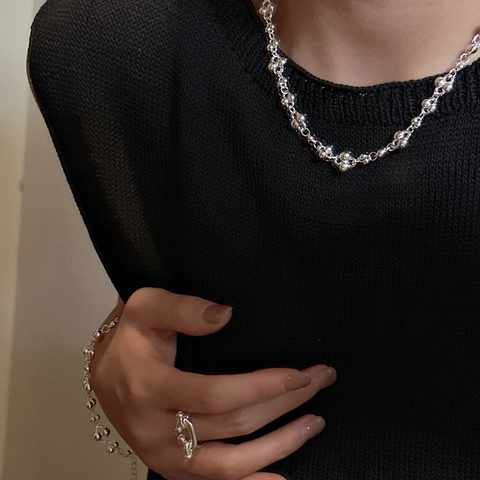 S925 Argento Sterling Minimalista Grappolo Sfere Collana Bracciale Set Gioielli per Donna Moda Coreana Catena Clavicola Lucidata Accessori