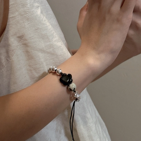 925 Sterling Silber Schweinenasen Glied Armband Für Damen Verstellbar Schwarze Blume Dalmatiner Jaspis Perlen Armband Schmuck