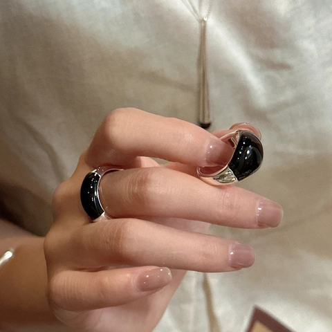 925 Sterlingsilber Tropfglasur Offener Ring Minimalistisch Schwarz Emailliert Verstellbarer Fingerring Für Damen Mode Schmuck Geschenk