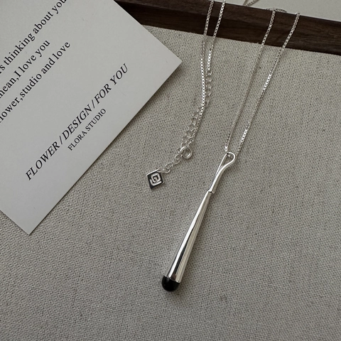 S925 Sterling Silver Minimalist Long Bar Pendant Necklace For Women Black Enamel Geometric Korean Style Fashion Jewelry