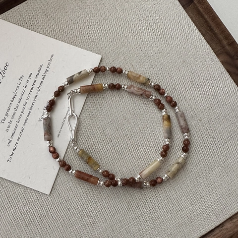925 Sterling Silver Handmade Beaded Necklace For Women Retro Coffee Color Natural Stone Goldstone Geometric Neck Jewelry Gift