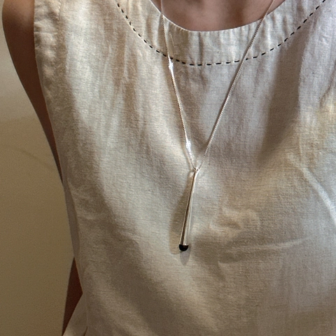 S925 Sterling Silver Minimalist Long Bar Pendant Necklace For Women Black Enamel Geometric Korean Style Fashion Jewelry
