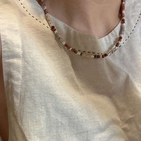 925 Sterling Silver Handmade Beaded Necklace For Women Retro Coffee Color Natural Stone Goldstone Geometric Neck Jewelry Gift