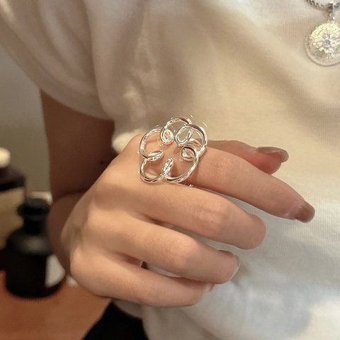 Anillo Abierto de Plata de Ley S925 Minimalista con Flor de Camelia Hueca para Mujer Estilo Coreano Anillo Ajustable Joyería