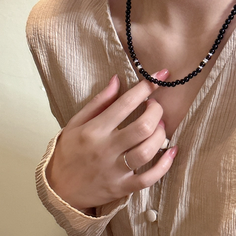 Collar de Cuentas de Ágata Negra de Plata de Ley 925 Minimalista Para Mujer Cadena de Clavícula con Cierre de Palanca Vintage