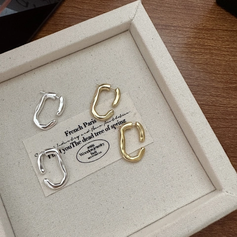 925 Sterling Silver Irregular Texture Hoop Earrings Minimalist Liquid Metal Style Gold Silver Crinkled Geometric C-Shape Earrings For Women Korean Fashion Jewelry