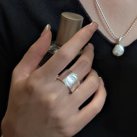 925 Sterling Silver Matte Adjustable Open Ring For Women Minimalist Geometric Wide Band Gold Silver Plated Fashion Finger Jewelry