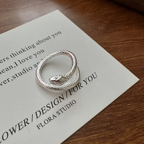 S925 Sterling Silver Korean Snake Ring For Women Minimalist Adjustable Opening Textured Animal Fashion Finger Ring Jewelry Gift