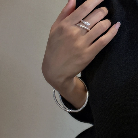 S925 Sterling Silver Korean Snake Ring For Women Minimalist Adjustable Opening Textured Animal Fashion Finger Ring Jewelry Gift