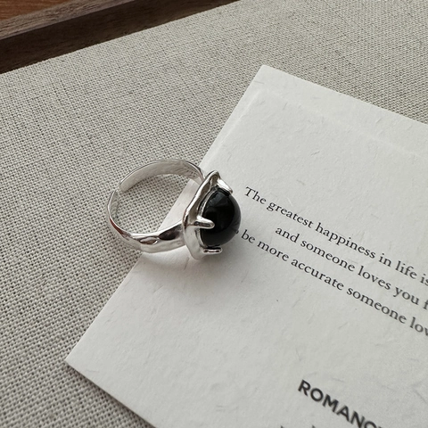 Minimalistischer S925 Sterlingsilber Ring Für Damen Vintage Gehämmert Einstellbar Schwarzer Achat Nischendesign Fingerring